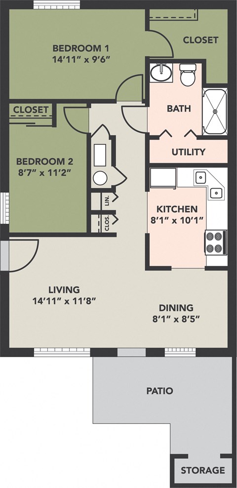 Floor plan for 2 beds, 1 bath