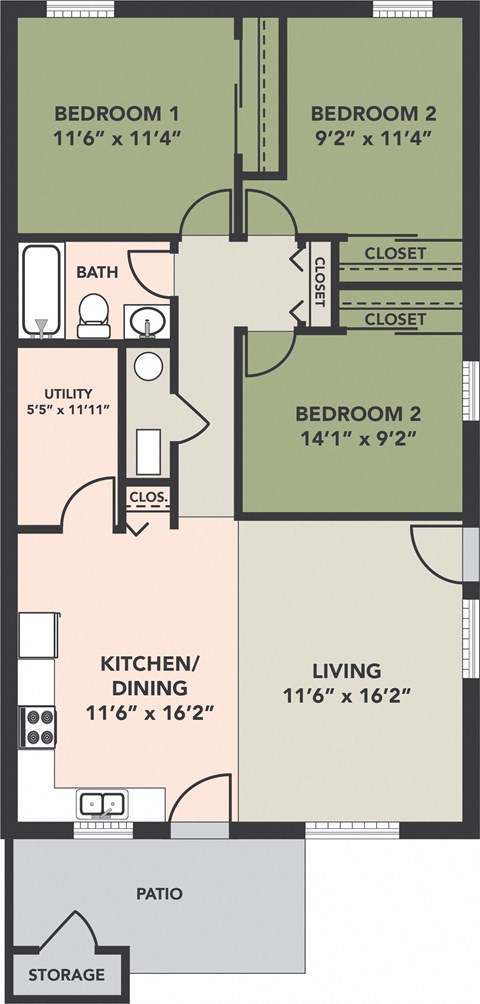 Floor plan for 3 beds, 1 bath