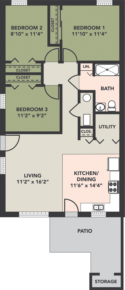Floor plan for 3 beds, 1 bath