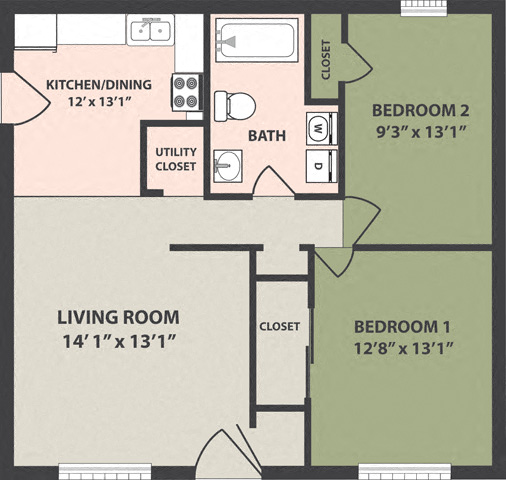 Floor plan for 2 beds, 1 bath, 851 sqft
