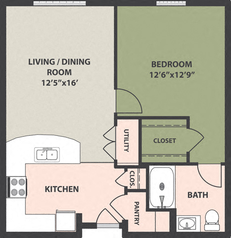 Floor plan for 1 bed, 1 bath, 650 sqft