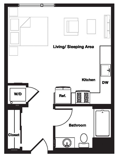 Floor plan for studio, 1 bath, 494 sqft