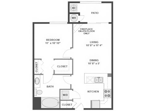 Floor plan for 1 bed, 1 bath, 695 sqft