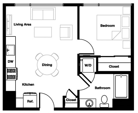 Floor plan for 1 bed, 1 bath, 564 sqft