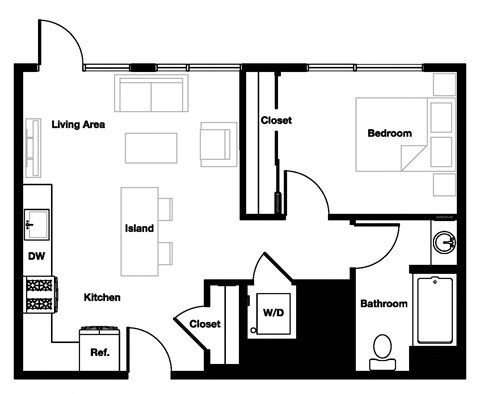 Floor plan for 1 bed, 1 bath, 655 sqft