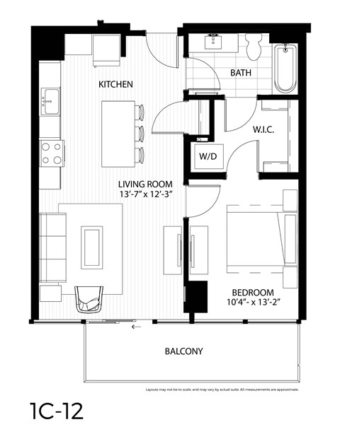Floor plan for 1 bed, 1 bath, 697 sqft
