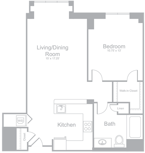 Floor plan for 1 bed, 1 bath, 782 sqft