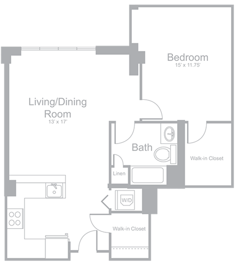 Floor plan for 1 bed, 1 bath, 822 sqft