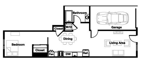 Floor plan for 1 bed, 1 bath, 750 sqft