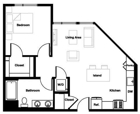 Floor plan for 1 bed, 1 bath, 757 sqft