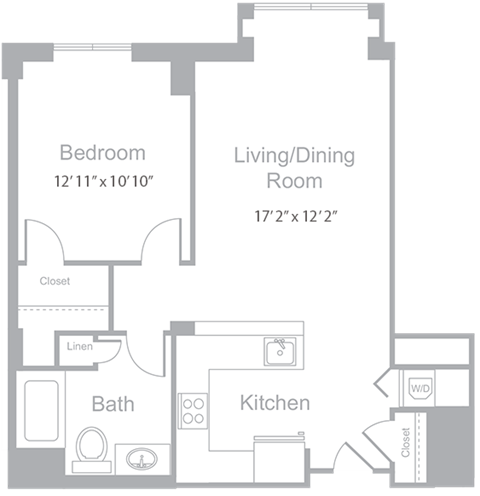 Floor plan for 1 bed, 1 bath, 791 sqft