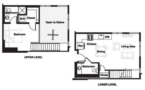 Floor plan for 1 bed, 1.5 baths, 772 sqft
