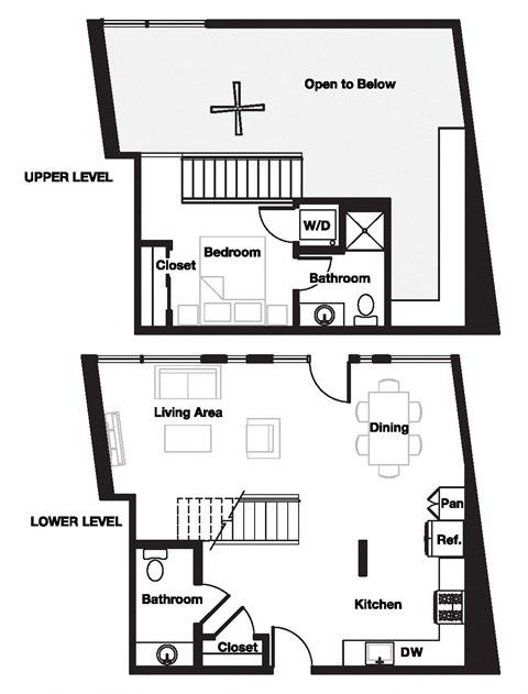 Floor plan for 1 bed, 1.5 baths, 878 sqft