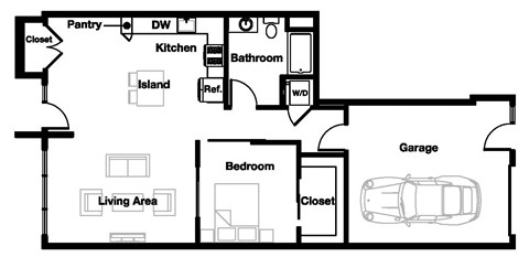 Floor plan for 1 bed, 1 bath, 1266 sqft