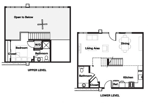 Floor plan for 1 bed, 1.5 baths, 890 sqft