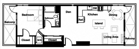 Floor plan for 1 bed, 1 bath, 890 sqft