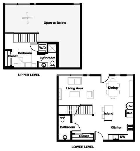 Floor plan for 1 bed, 1.5 baths, 932 sqft