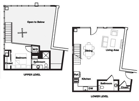 Floor plan for 1 bed, 1.5 baths, 957 sqft