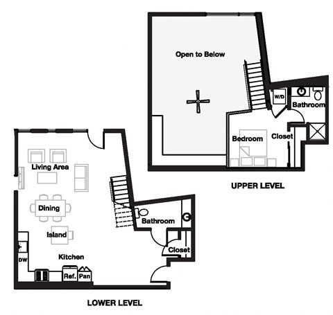 Floor plan for 1 bed, 1.5 baths, 1019 sqft