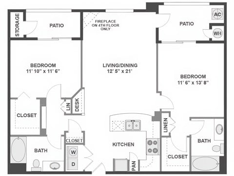 Floor plan for 2 beds, 2 baths, 1103 sqft