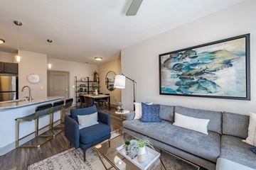 Raleigh apartment for rent - A living room with a grey couch, a blue armchair, and a painting on the wall.