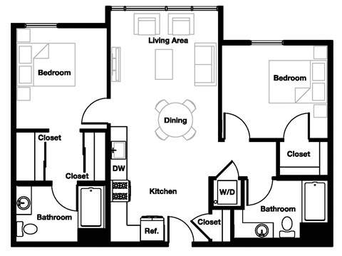 Floor plan for 2 beds, 2 baths, 977 sqft