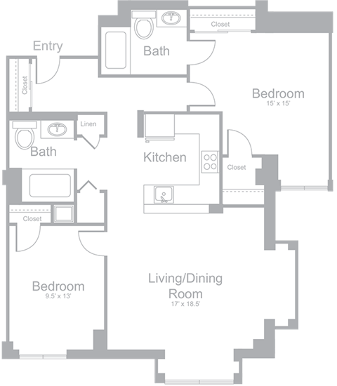 Floor plan for 2 beds, 2 baths, 1181 sqft