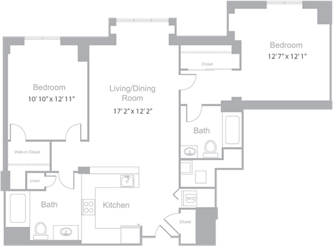 Floor plan for 2 beds, 2 baths, 1097 sqft