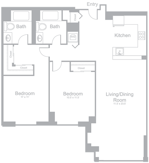 Floor plan for 2 beds, 2 baths, 1059 sqft