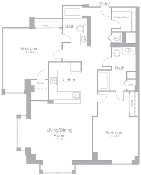 Floor plan for 2 beds, 2 baths, 1261 sqft