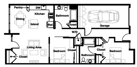 Floor plan for 2 beds, 2 baths, 1130 sqft