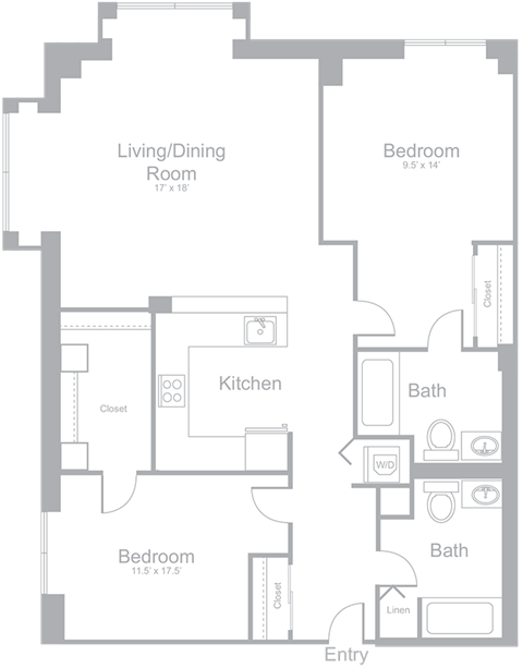 Floor plan for 2 beds, 2 baths, 1081 sqft