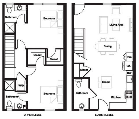 Floor plan for 2 beds, 2.5 baths, 1124 sqft
