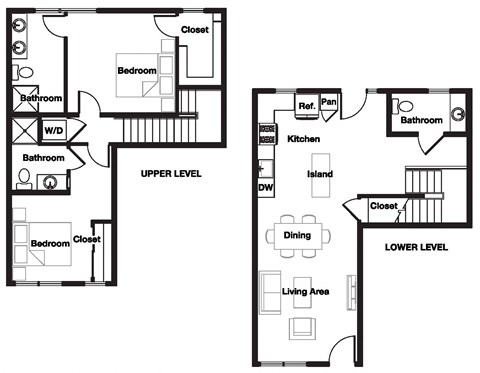 Floor plan for 2 beds, 2.5 baths, 1156 sqft