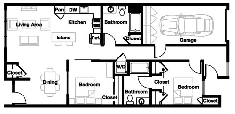 Floor plan for 2 beds, 2 baths, 1168 sqft