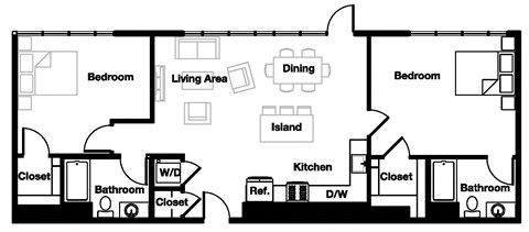 Floor plan for 2 beds, 2 baths, 1267 sqft
