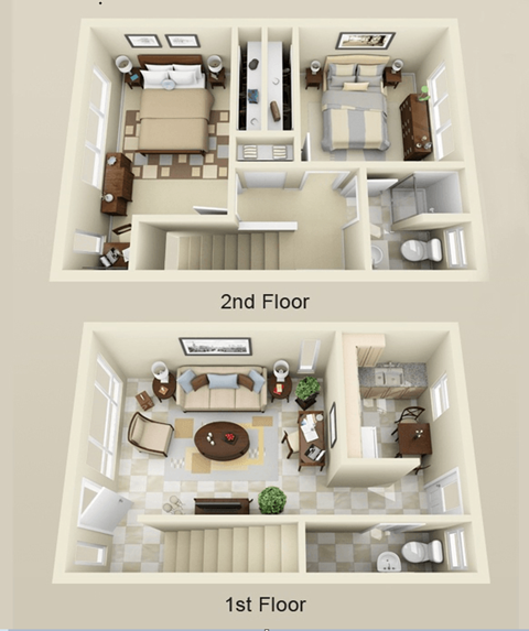 Floor plan for 2 beds, 1.5 baths, 882 sqft