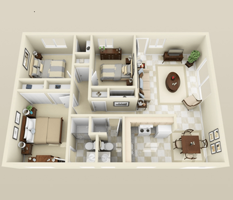 Floor plan for 3 beds, 2 baths, 998 sqft