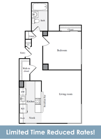 Floor plan for 1 bed, 1 bath, 659 sqft