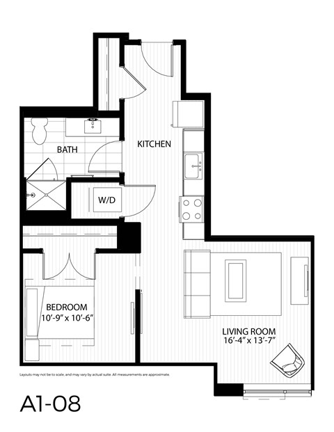Floor plan for studio, 1 bath, 699 sqft