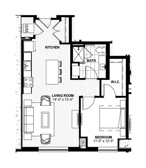 Floor plan for 1 bed, 1 bath, 817 sqft