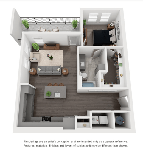 Floor plan for 1 bed, 1 bath, 802 sqft