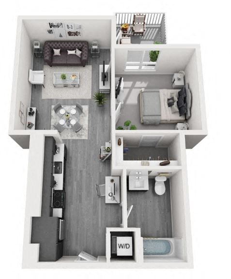 Floor plan for 1 bed, 1 bath, 613 sqft