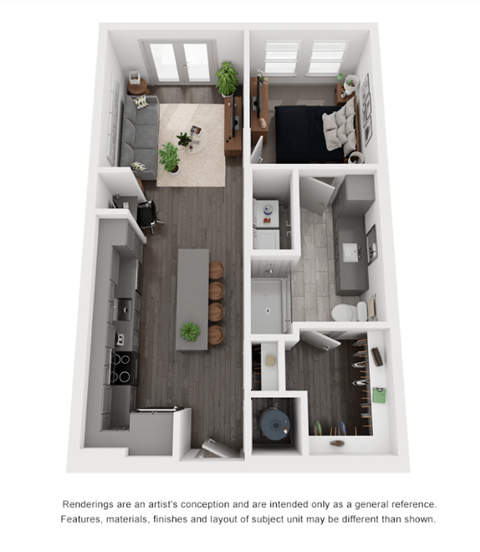 Floor plan for 1 bed, 1 bath, 667 sqft