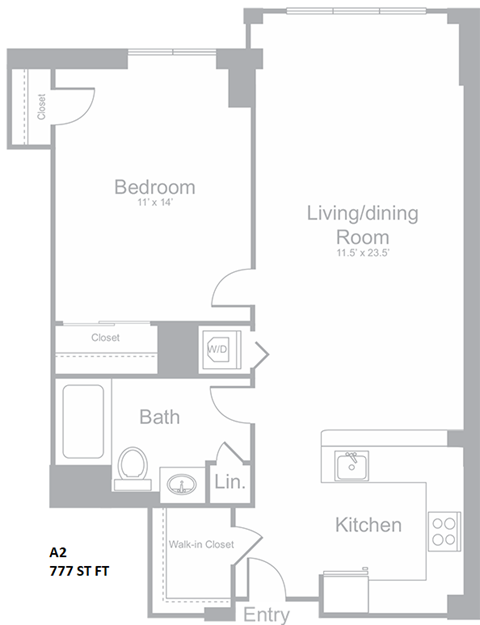 Floor plan for 1 bed, 1 bath, 777 sqft