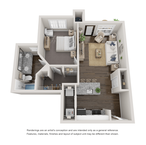 Floor plan for 1 bed, 1 bath, 573 sqft