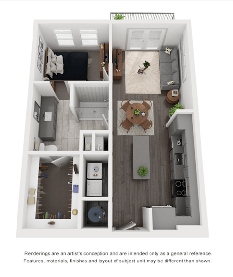 Floor plan for 1 bed, 1 bath, 697 sqft