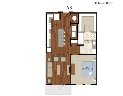 Floor plan for 1 bed, 1 bath, 728 sqft