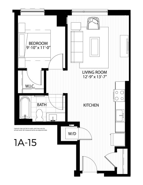 Floor plan for 1 bed, 1 bath, 690 sqft