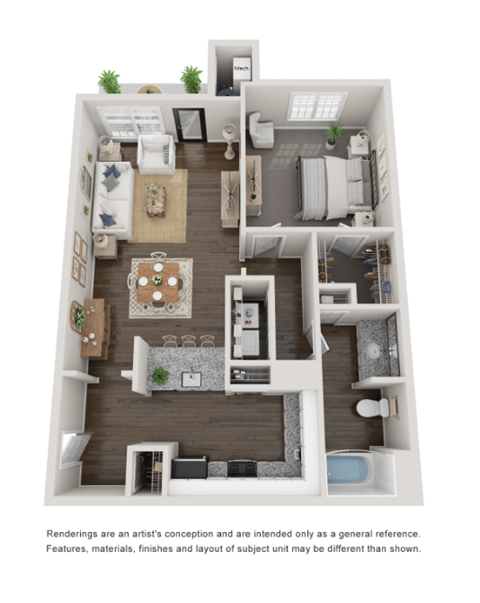 Floor plan for 1 bed, 1 bath, 759 sqft